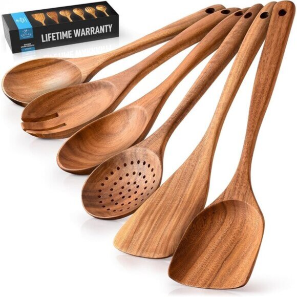 New 6-Piece Wooden Cooking Spoons Set, Teak Non-Stick Kitchen Utensils